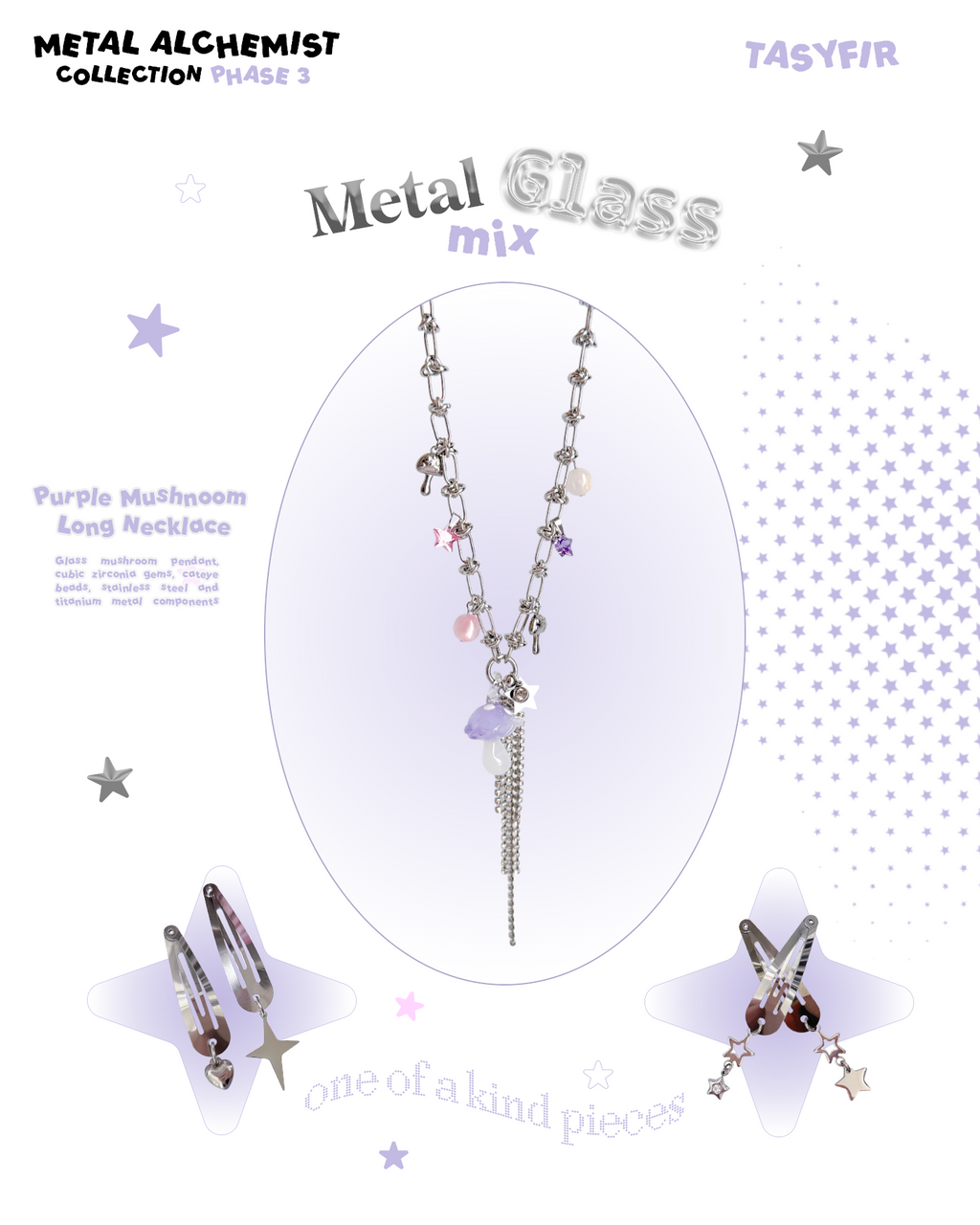 [OOAK] Metal Mix Glass - Purple Mushroom Long Necklace