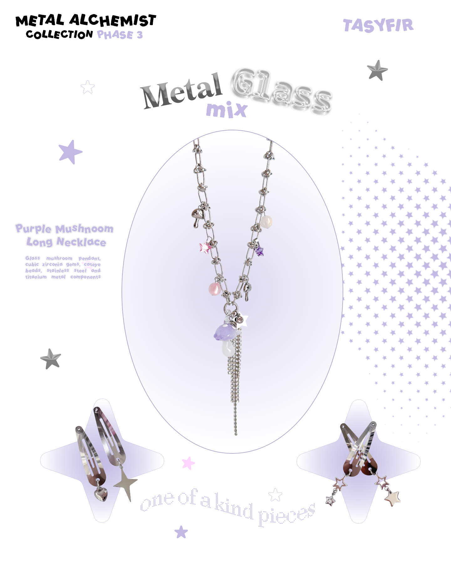 [OOAK] Metal Mix Glass - Purple Mushroom Long Necklace