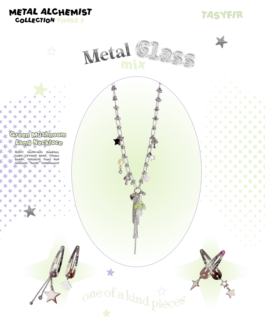 [OOAK] Metal Mix Glass - Green Mushroom Long Necklace