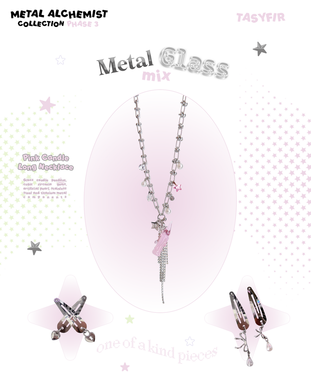 [OOAK] Metal Mix Glass - Pink Candle Long Necklace