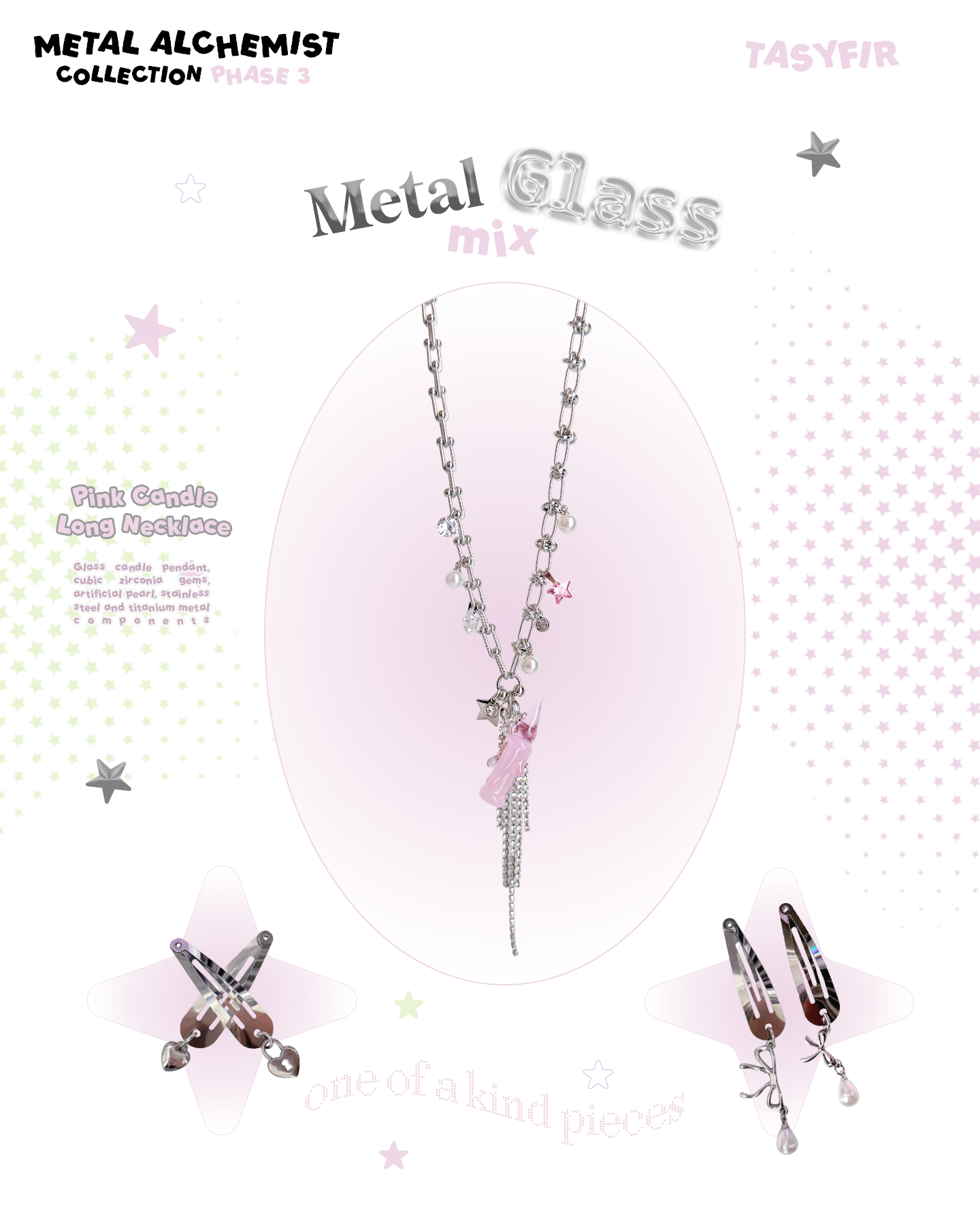 [OOAK] Metal Mix Glass - Pink Candle Long Necklace