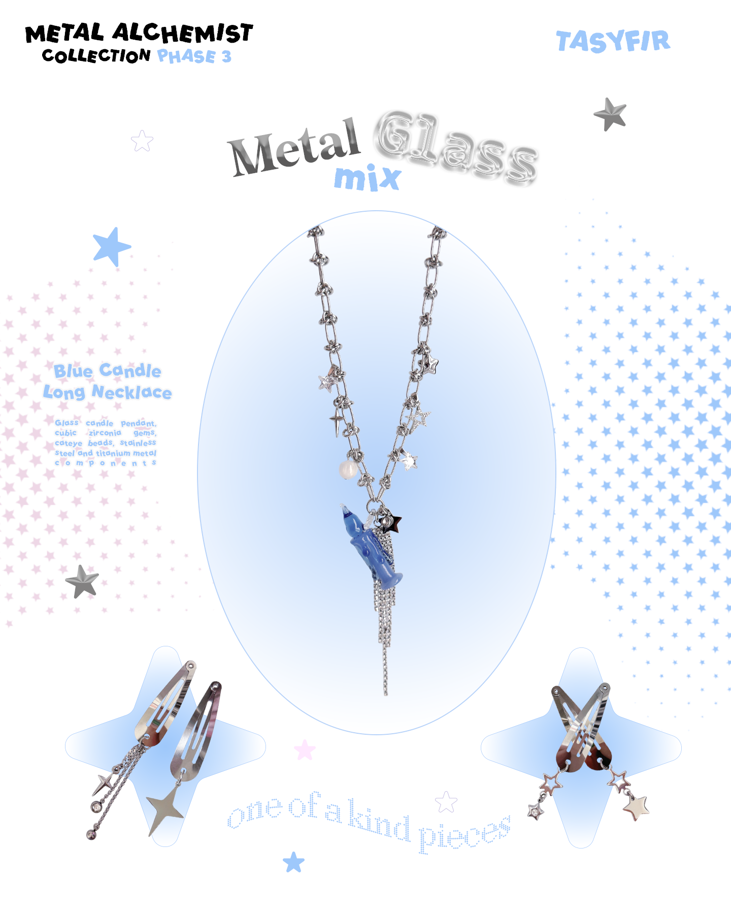 [OOAK] Metal Mix Glass - Blue Candle Long Necklace