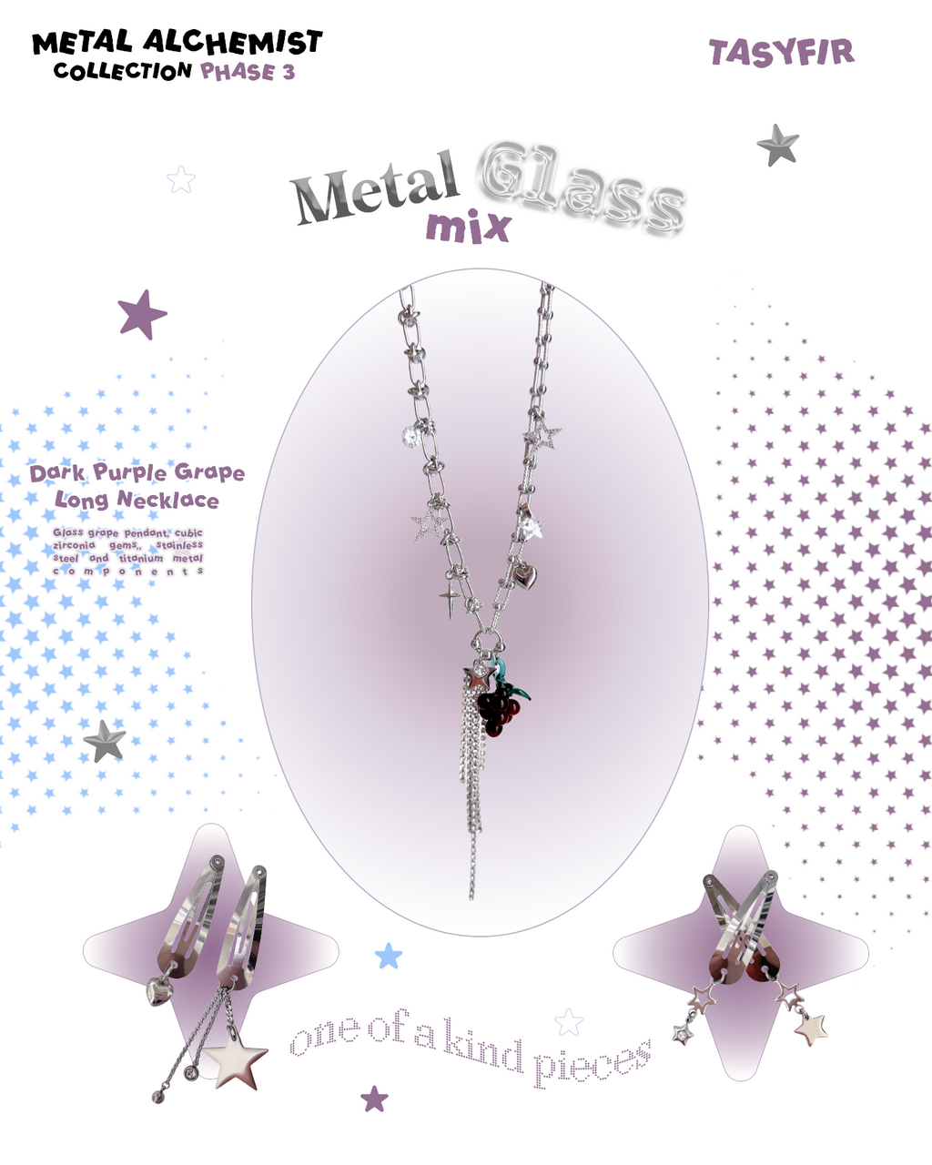 [OOAK] Metal Mix Glass - Dark Purple Grape Long Necklace
