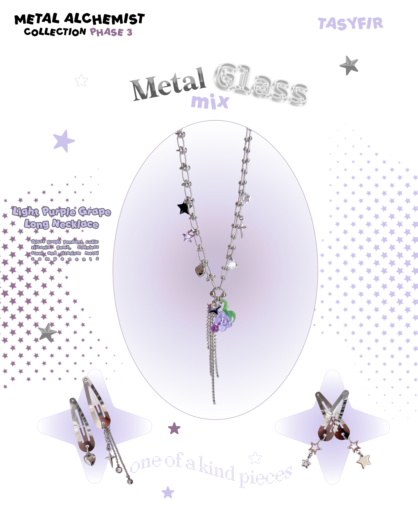 [OOAK] Metal Mix Glass - Light Purple Grape Long Necklace