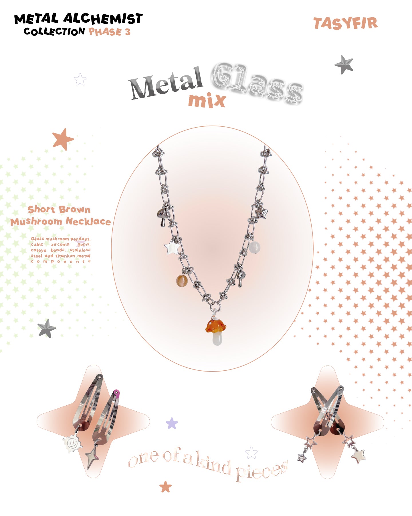 [OOAK] Metal Mix Glass - Light Brown Mushroom Short Necklace