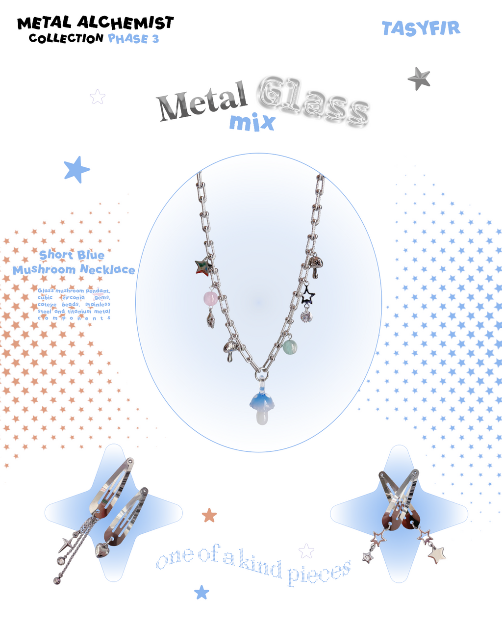 [OOAK] Metal Mix Glass - Blue Mushroom Short Necklace