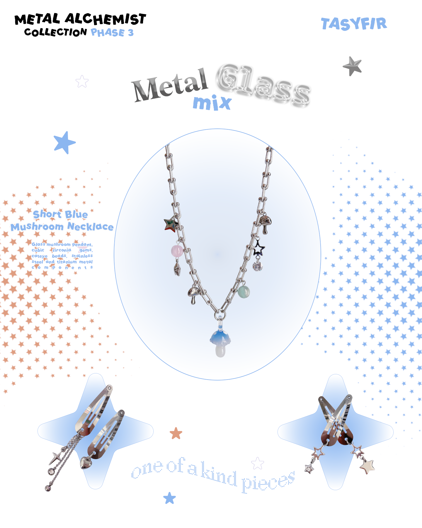 [OOAK] Metal Mix Glass - Blue Mushroom Short Necklace