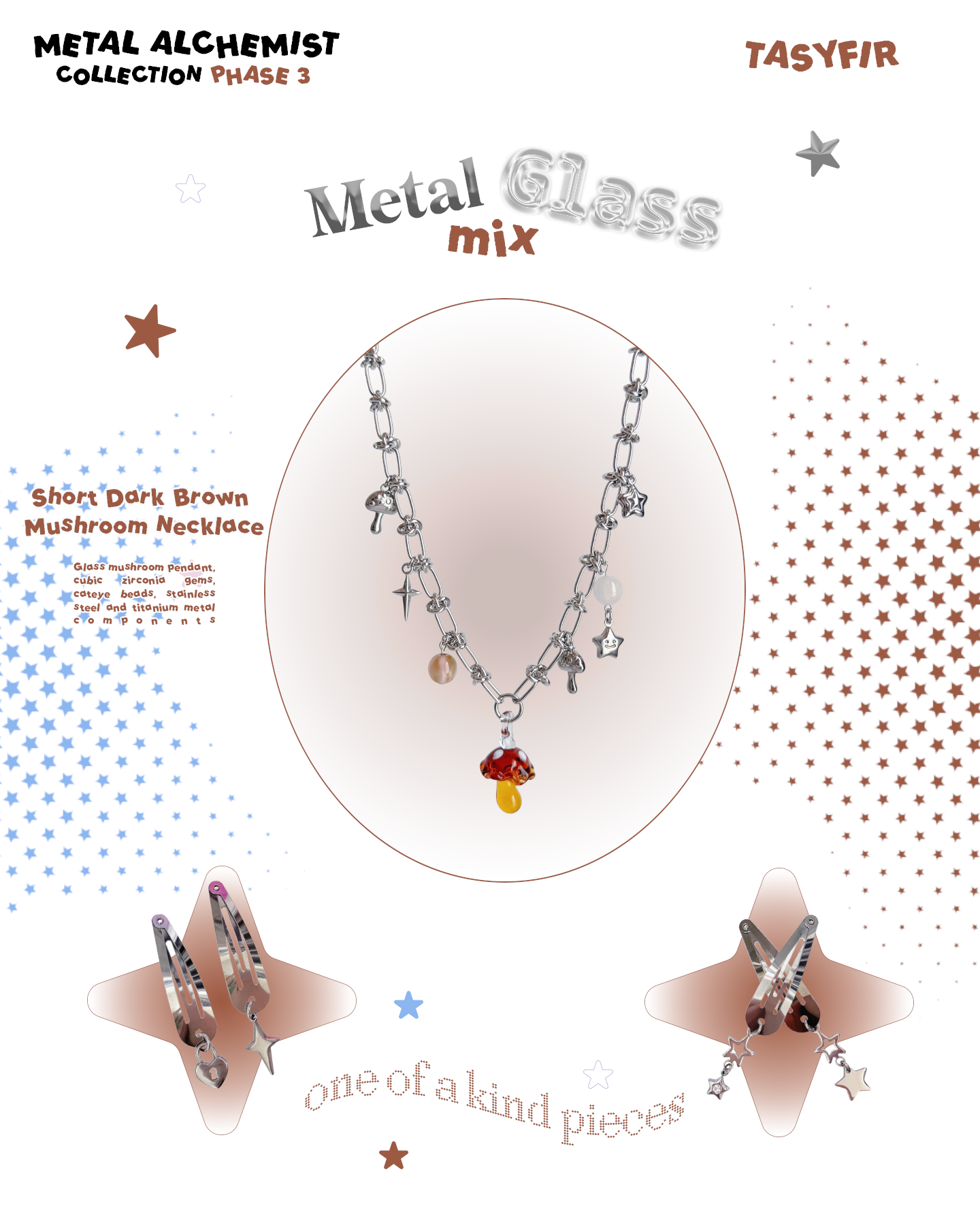 [OOAK] Metal Mix Glass - Dark Brown Mushroom Short Necklace