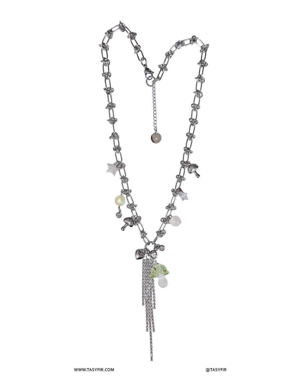 [OOAK] Metal Mix Glass - Green Mushroom Long Necklace