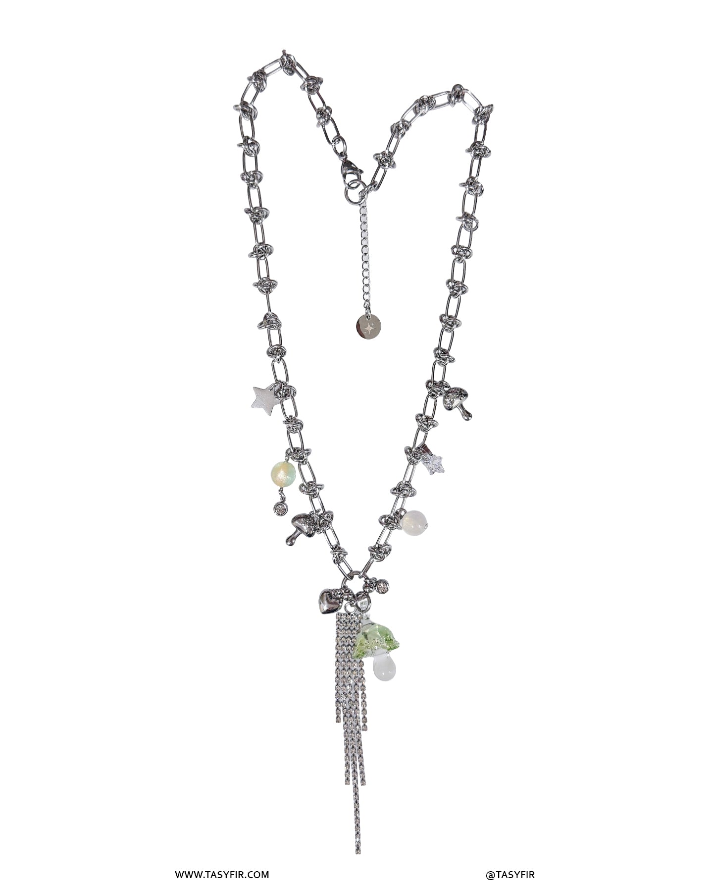 [OOAK] Metal Mix Glass - Green Mushroom Long Necklace